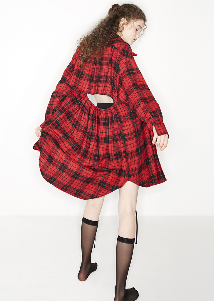 BACKLESS CHECK SHIRT DRESS, RED